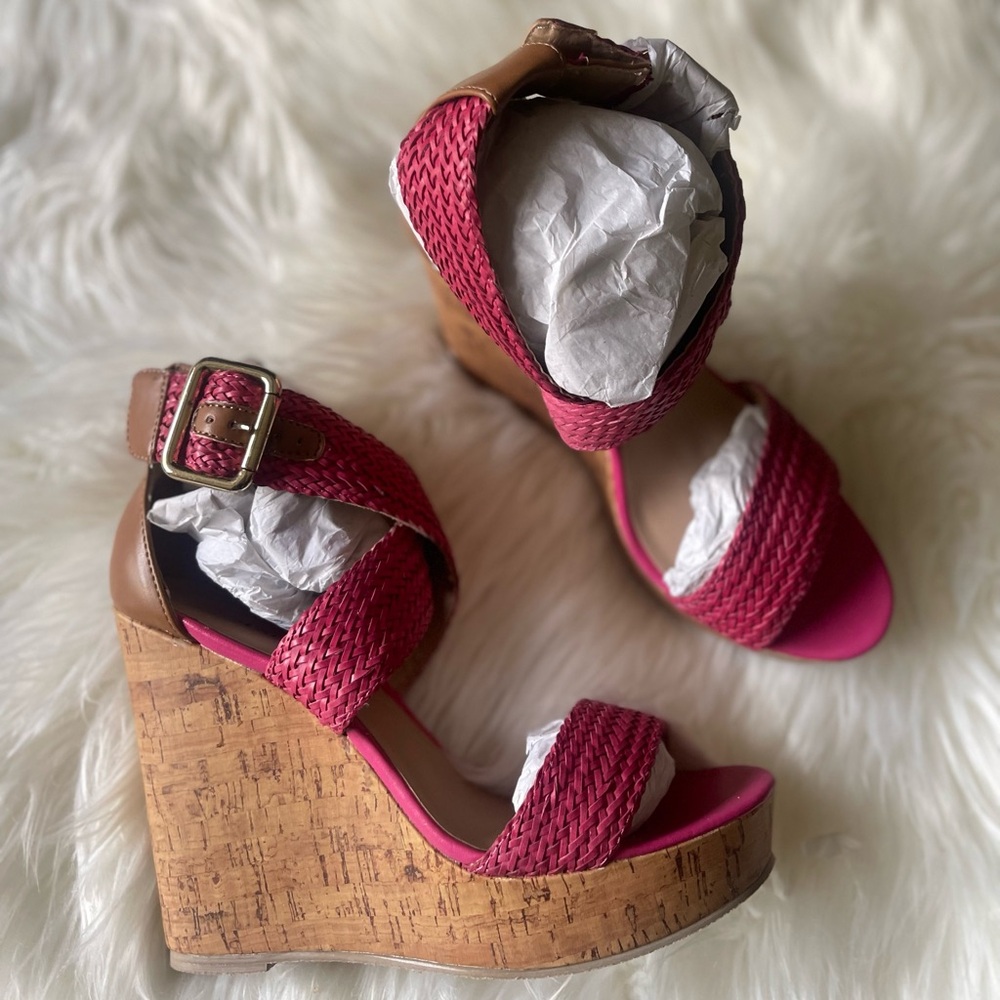 JustFab Fuchsia and Tan Wedge Sandals